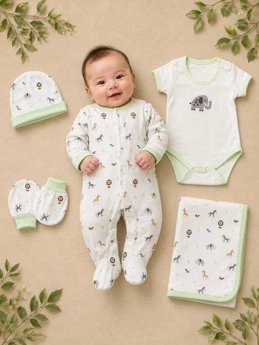 Premium Newborn 6-Piece Baby Clothing Gift Set | Soft Cotton | Safari Print | 0–6 Months | Unisex