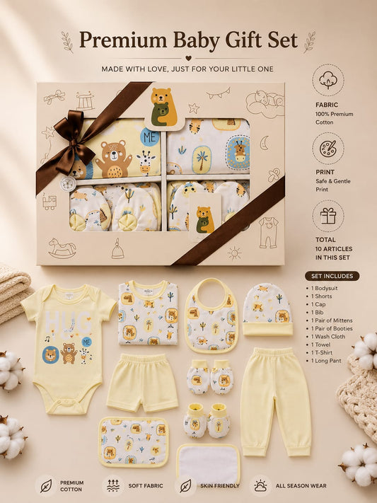 Premium Newborn 10-Piece Baby Clothing Gift Set | Soft Cotton | Yellow | 0–3 Months | Unisex