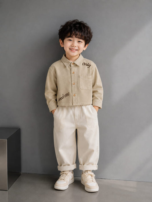 Boys Beige Good Vibe Printed Crop Shirt | Premium Cotton Casual Shirt (2-7 Years)