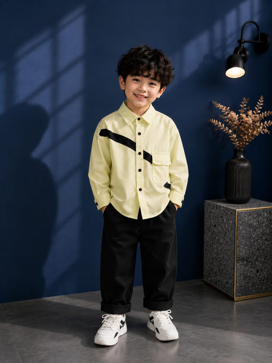 Boys Premium Lemon Yellow Cotton Shirt with Black Stripe – Korean Style Casual Shirt | 2–7 Years
