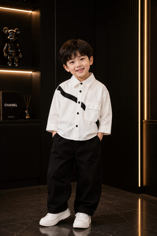 Boys Premium White Cotton Shirt with Black Stripe – Korean Style Casual Shirt | 2–7 Years