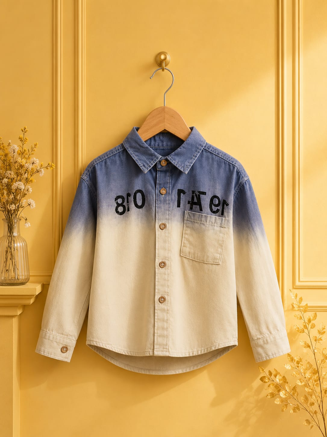Boys Premium Ombre Shirt – Blue & White | Korean Style Casual Shirt | 2–7 Years