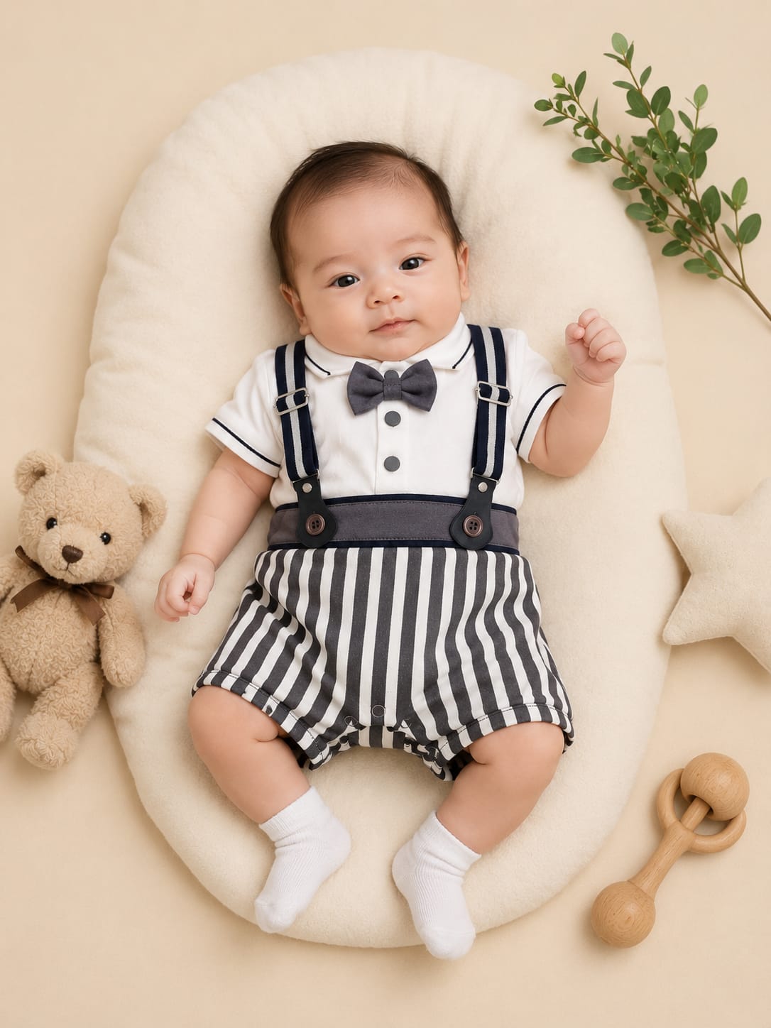 Premium Newborn Baby Gentleman Romper | Soft Cotton Bow Tie Outfit | 0–3 Months | Baby Boy