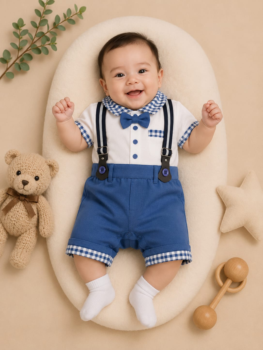 Premium Newborn Baby Boy Gentleman Romper | Bow Tie Suspender Outfit | Soft Cotton | 0–3 Months