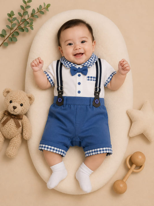 Premium Newborn Baby Boy Gentleman Romper | Bow Tie Suspender Outfit | Soft Cotton | 0–3 Months