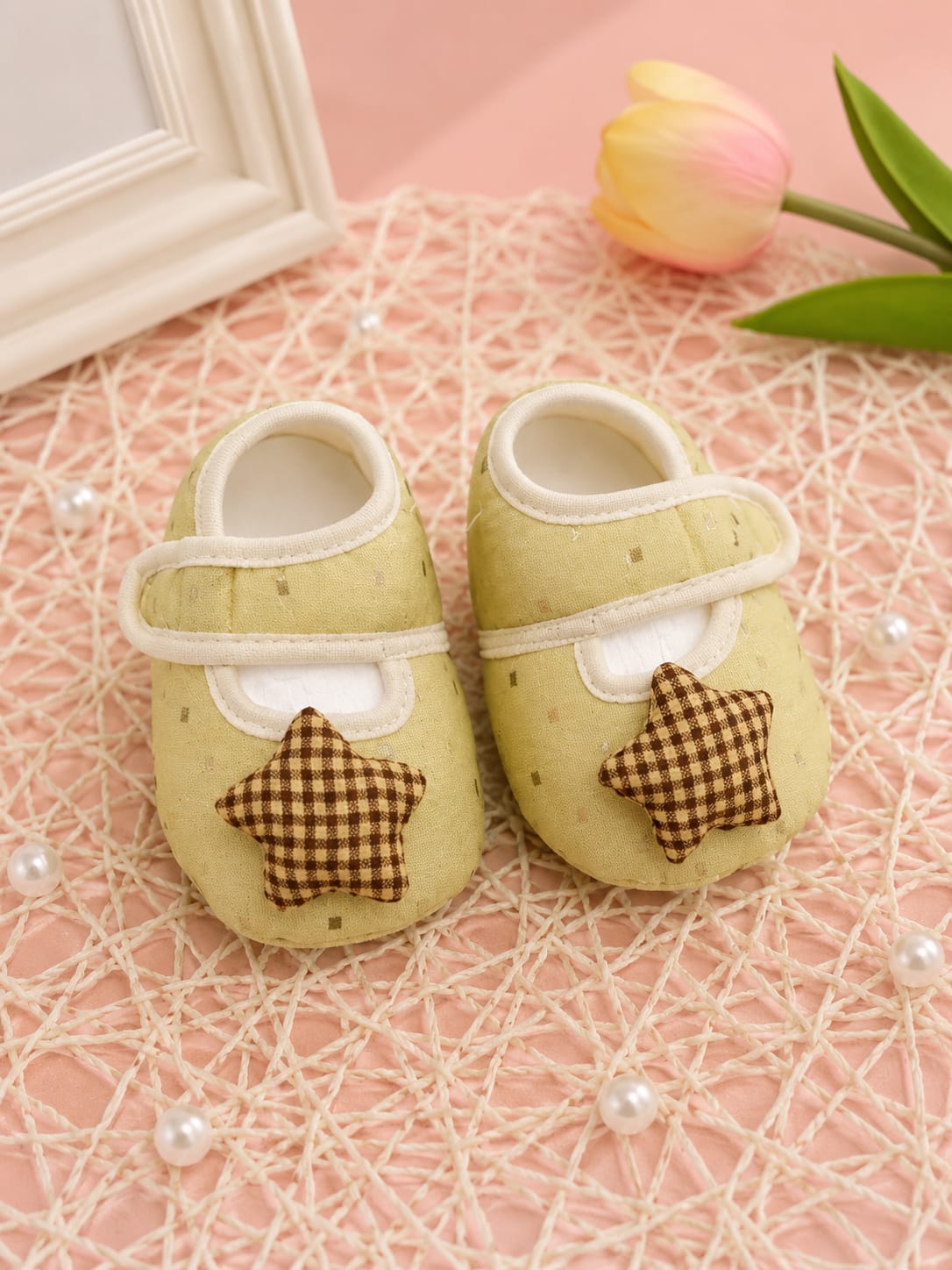 Newborn Baby Soft Cotton Star Booties | Yellow Prewalker Shoes | Anti-Slip First Walking Shoes (0–12 Months)