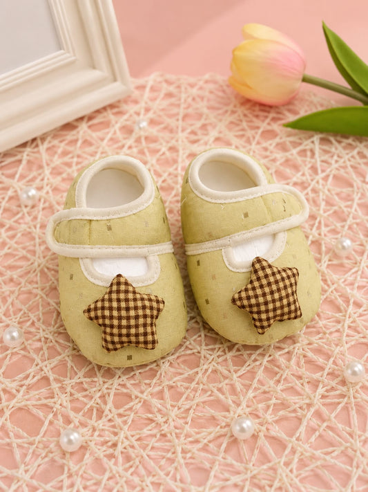 Newborn Baby Soft Cotton Star Booties | Yellow Prewalker Shoes | Anti-Slip First Walking Shoes (0–12 Months)
