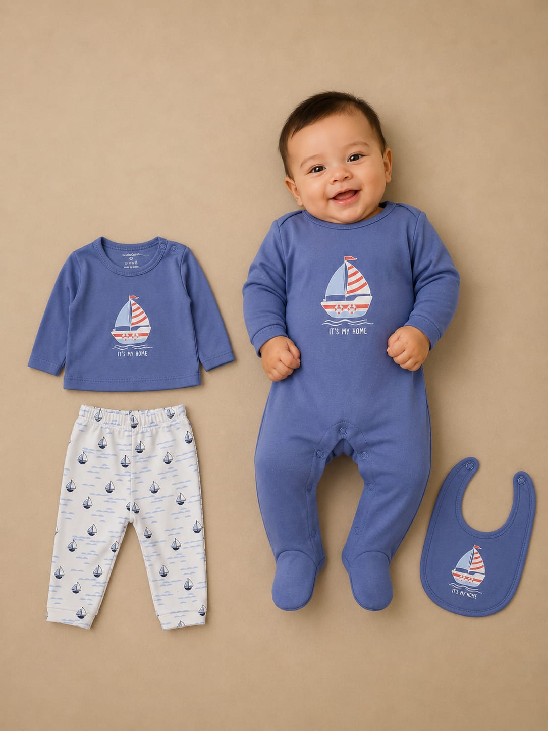 Newborn Baby 4-Piece Clothing Gift Set | Cotton Romper, T-Shirt, Pants & Bib Set | Soft Infant Outfit (0–12 Months)
