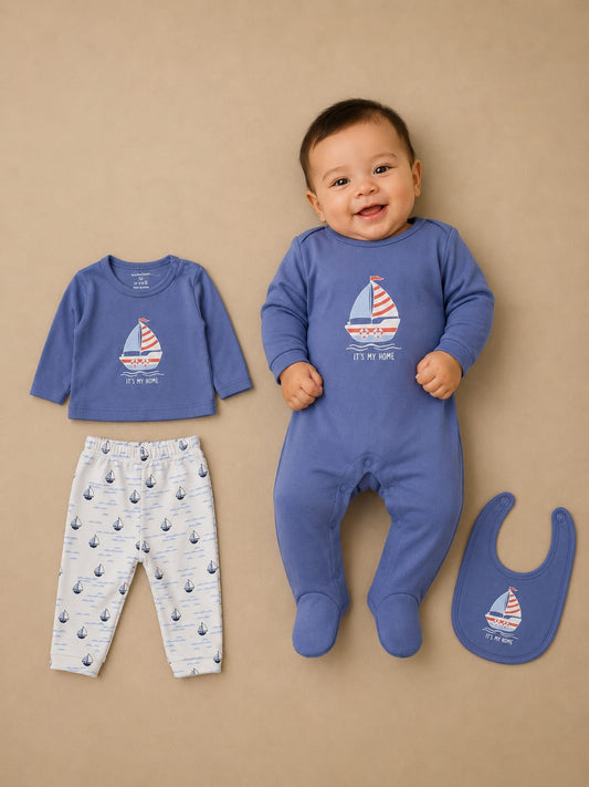 Newborn Baby 4-Piece Clothing Gift Set | Cotton Romper, T-Shirt, Pants & Bib Set | Soft Infant Outfit (0–12 Months)