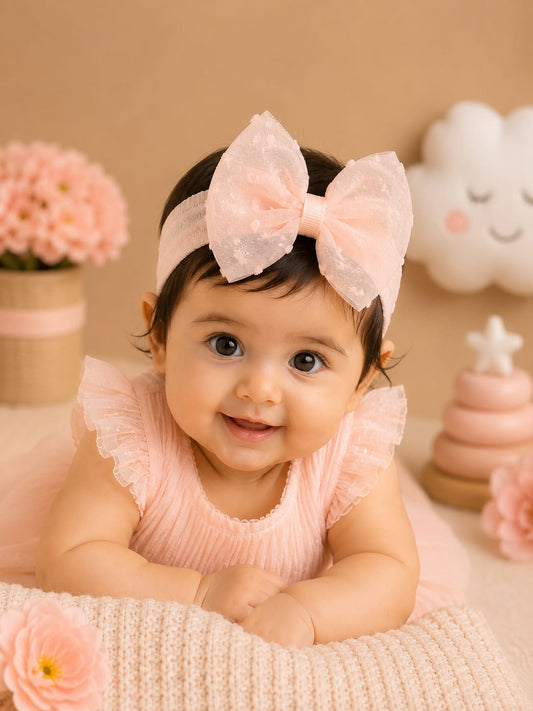 Baby Girl Premium Peach Bow Headband | Soft Stretch Nylon Hair Band | Elegant Mesh Bow Headwrap for Newborn & Infant (0–24 Months)