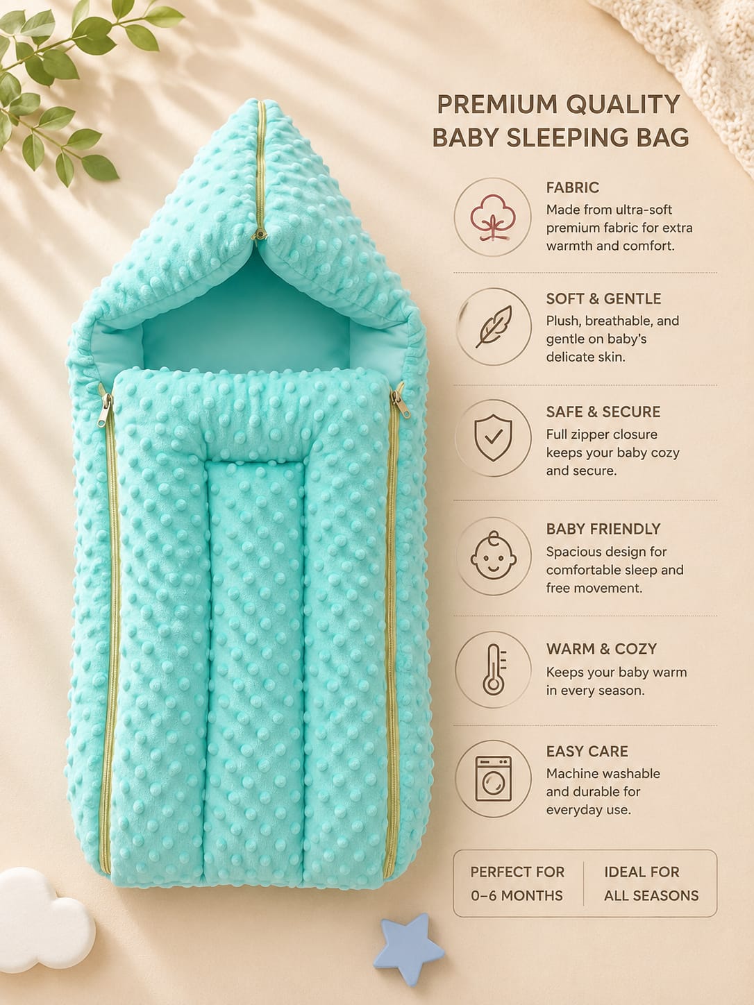 Premium Baby Sleeping Bag Cum Carry Nest | Ultra Soft Minky Baby Wrapper | Hooded Newborn Sleeping Nest | 0–6 Months