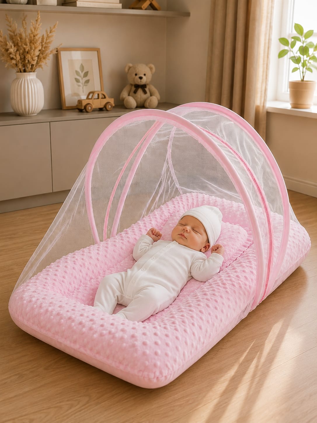 Premium Foldable Baby Bed with Mosquito Net | Ultra Soft Minky Baby Nest | Portable Newborn Sleeping Bed | 0–12 Months | Pink