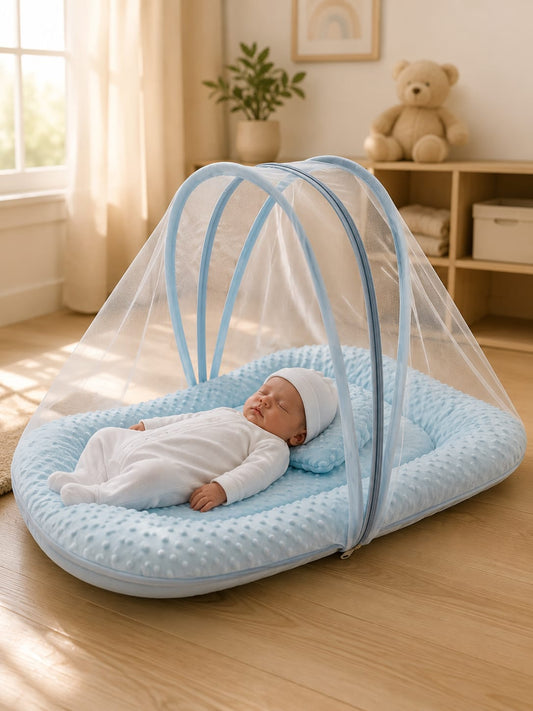 Premium Foldable Baby Bed with Mosquito Net | Ultra Soft Minky Baby Nest | Portable Newborn Sleeping Bed | Sky Blue | 0–12 Months