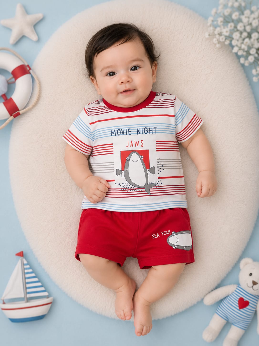 Baby Boys Cotton T-Shirt & Shorts Co-Ord Set | Soft Summer Outfit | Shark Print | 3–9 Months