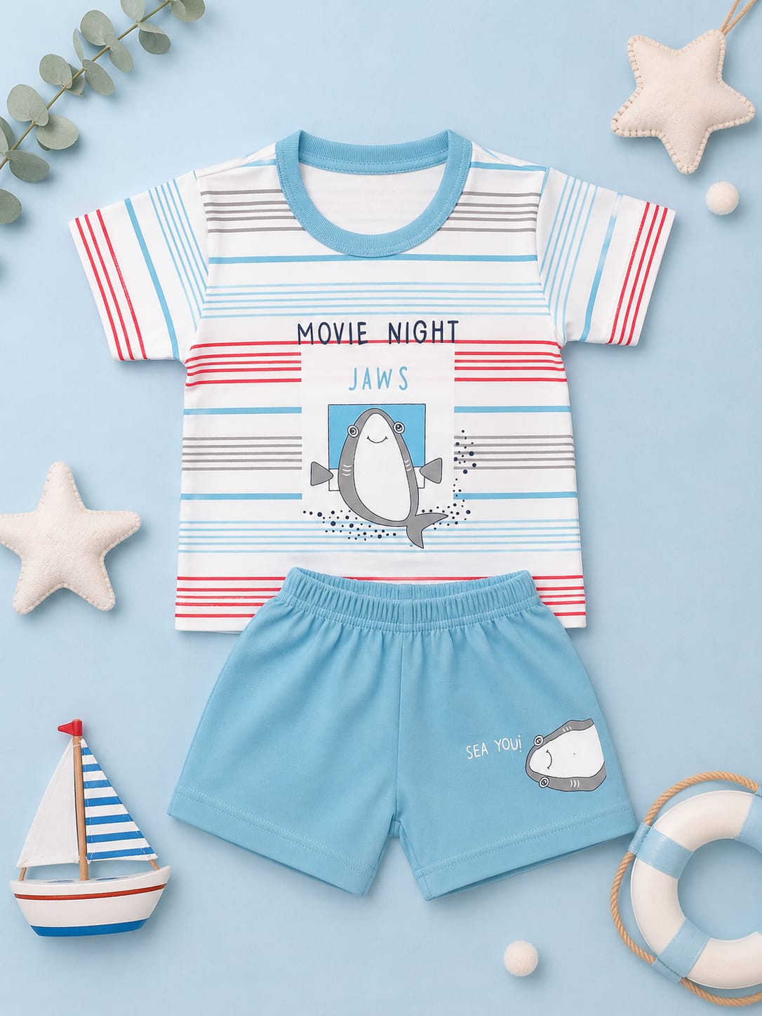 Baby Boys Cotton T-Shirt & Shorts Co-Ord Set | Soft Summer Outfit | Shark Print | Sky Blue | 3–9 Months