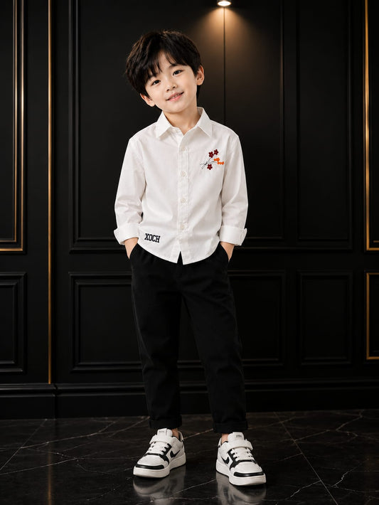 Boys White Floral Embroidered Casual Shirt | Premium Cotton | 1–5 Years