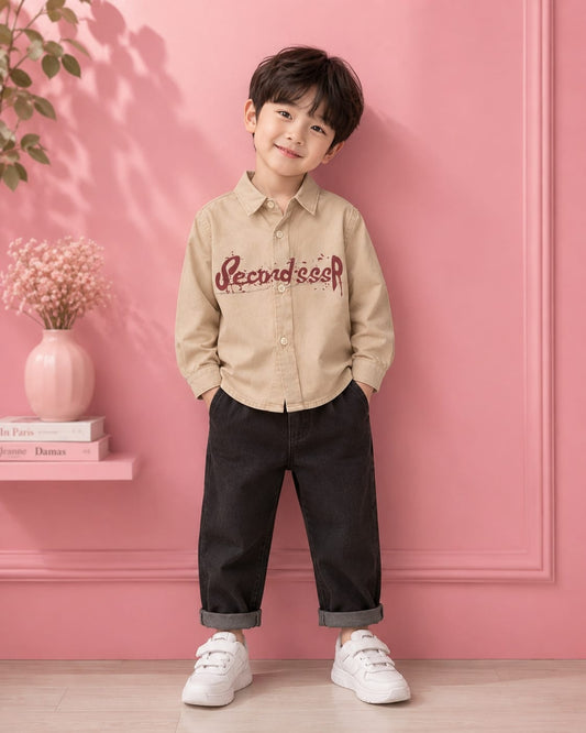 Boys Beige Graphic Print Casual Shirt | Premium Cotton Blend | 1–5 Years