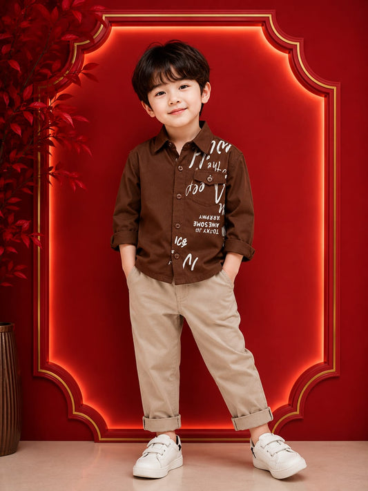 Boys Coffee Brown Printed Casual Cotton Shirt | Premium Korean Style | 1-5 Years