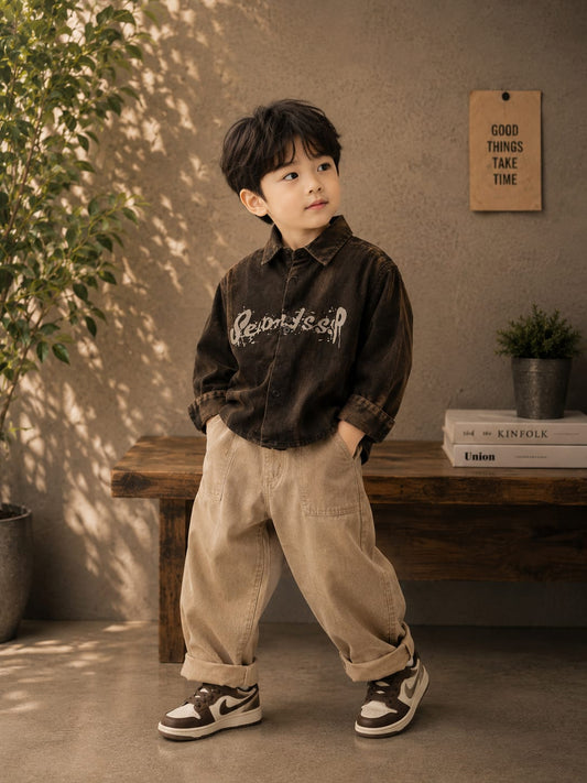 Boys Vintage Wash Printed Denim Shirt | Premium Casual Full Sleeve Shirt (1-5 Years)