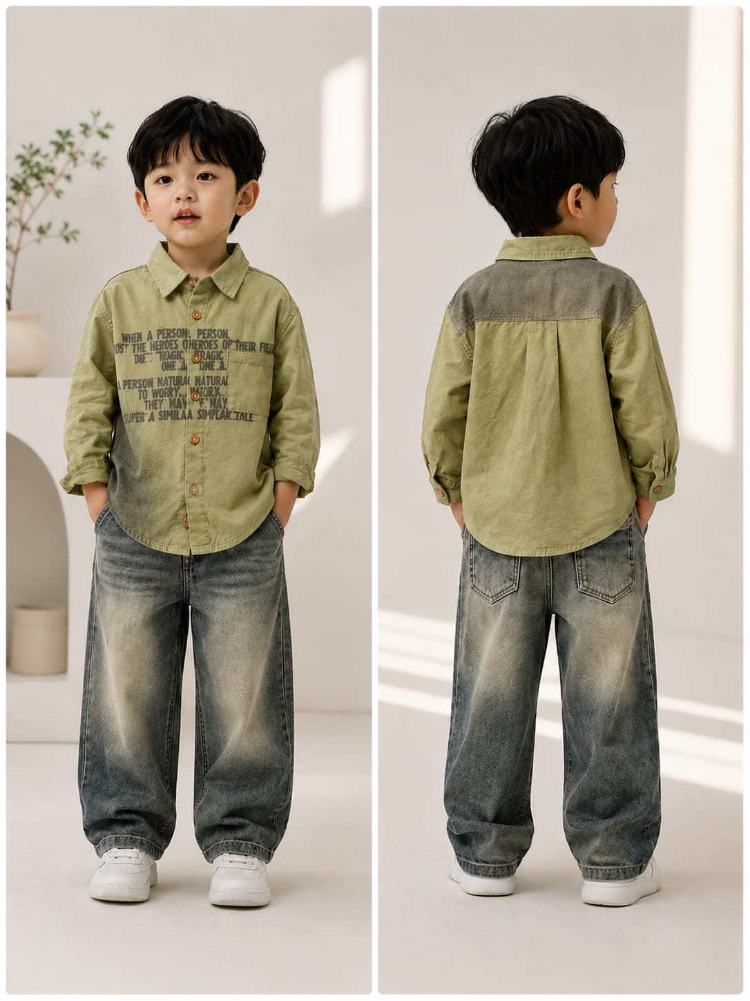Boys Olive Green Printed Cotton Shirt | Premium Casual Korean Style | 2-7 Years