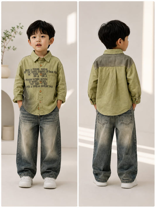 Boys Olive Green Printed Cotton Shirt | Premium Casual Korean Style | 2-7 Years