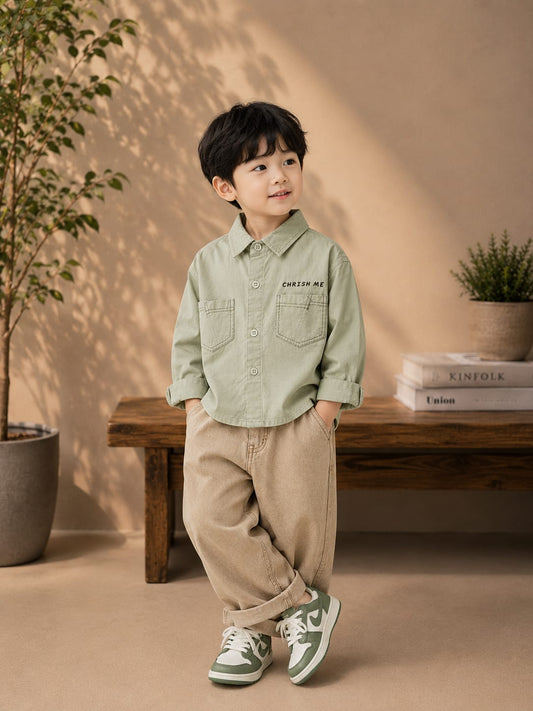 Boys Premium Sage Green Cotton Shirt with Dual Pockets | Casual & Party Wear (2–7 Years)
