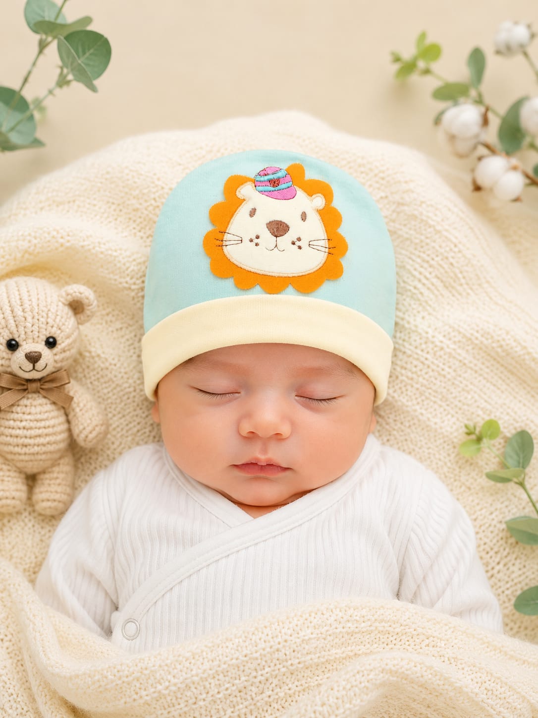 Newborn Baby Cotton Cap | Soft Infant Beanie Hat | Lion Embroidery | Sky Blue | 0–3 Months