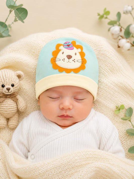 Newborn Baby Cotton Cap | Soft Infant Beanie Hat | Lion Embroidery | Sky Blue | 0–3 Months