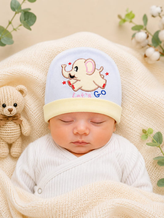 Newborn Baby Cotton Cap with Cute Elephant Embroidery | Soft & Comfortable Infant Cap (0–3 Months)
