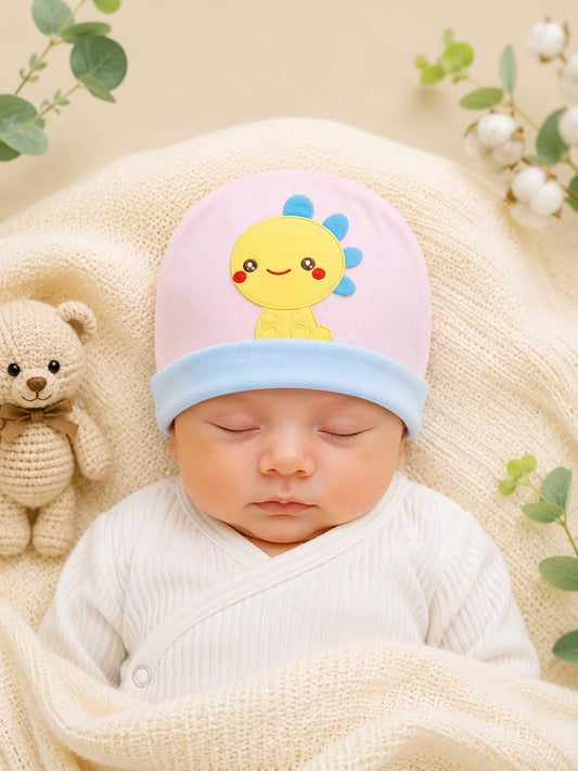 Newborn Baby Cotton Cap with Cute Cartoon Embroidery | Soft Infant Beanie Cap (0–3 Months)