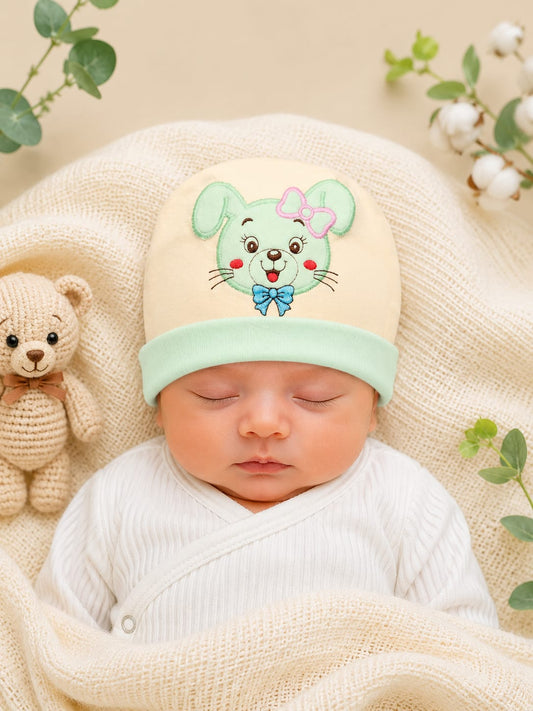 Newborn Baby Cotton Cap with Cute Puppy Embroidery | Soft Infant Beanie Cap (0–3 Months)