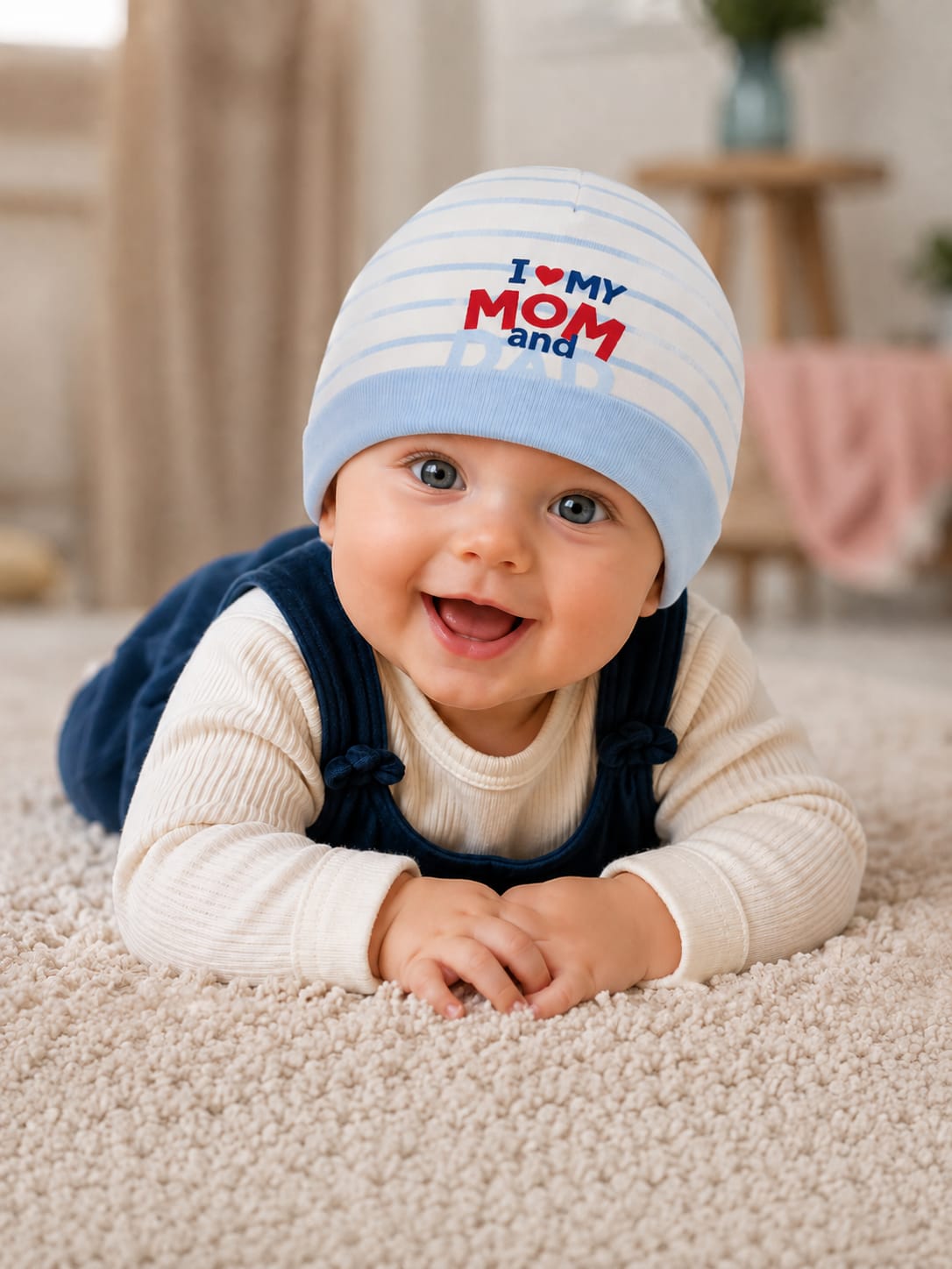 Newborn Baby Cotton Cap – "I ❤️ My Mom and Dad" Printed Soft Beanie Cap | Yellow (0–3 Months)