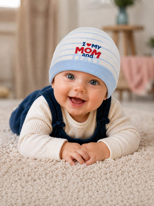 Newborn Baby Cotton Cap – "I ❤️ My Mom and Dad" Printed Soft Beanie Cap | Yellow (0–3 Months)