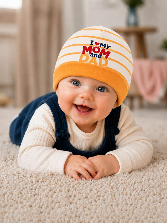 Newborn Baby Cotton Cap – "I ❤️ My Mom and Dad" Printed Soft Beanie Hat | Yellow & White (0–3