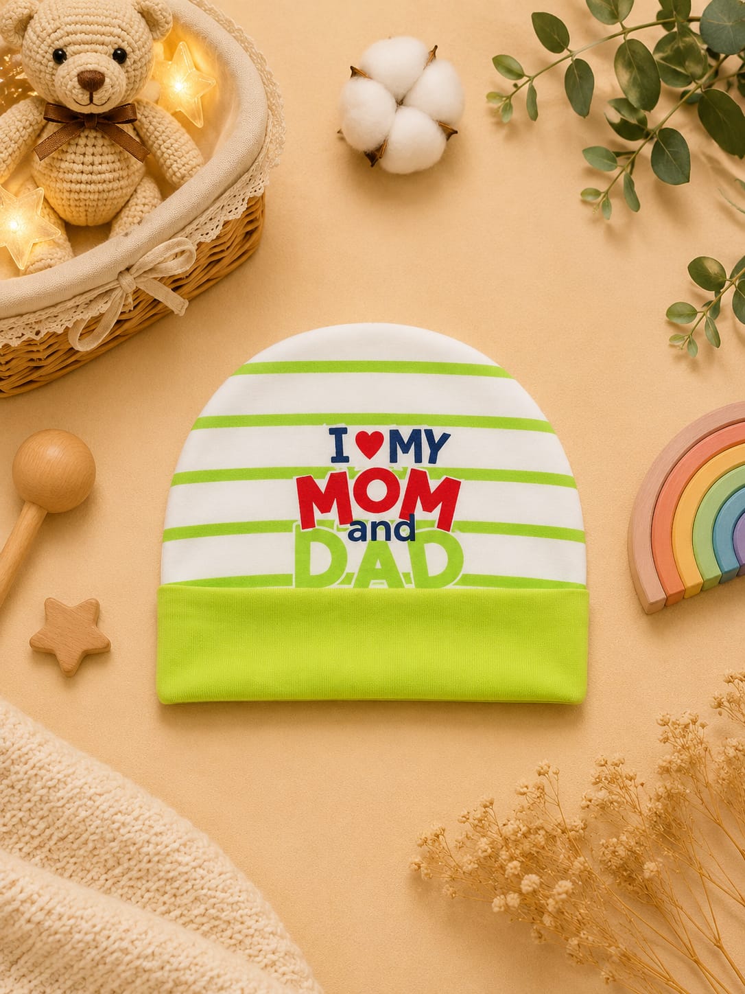 Newborn Baby Cotton Cap – "I ❤️ My Mom and Dad" Printed Soft Beanie Hat | Green & White (0–3 Months)