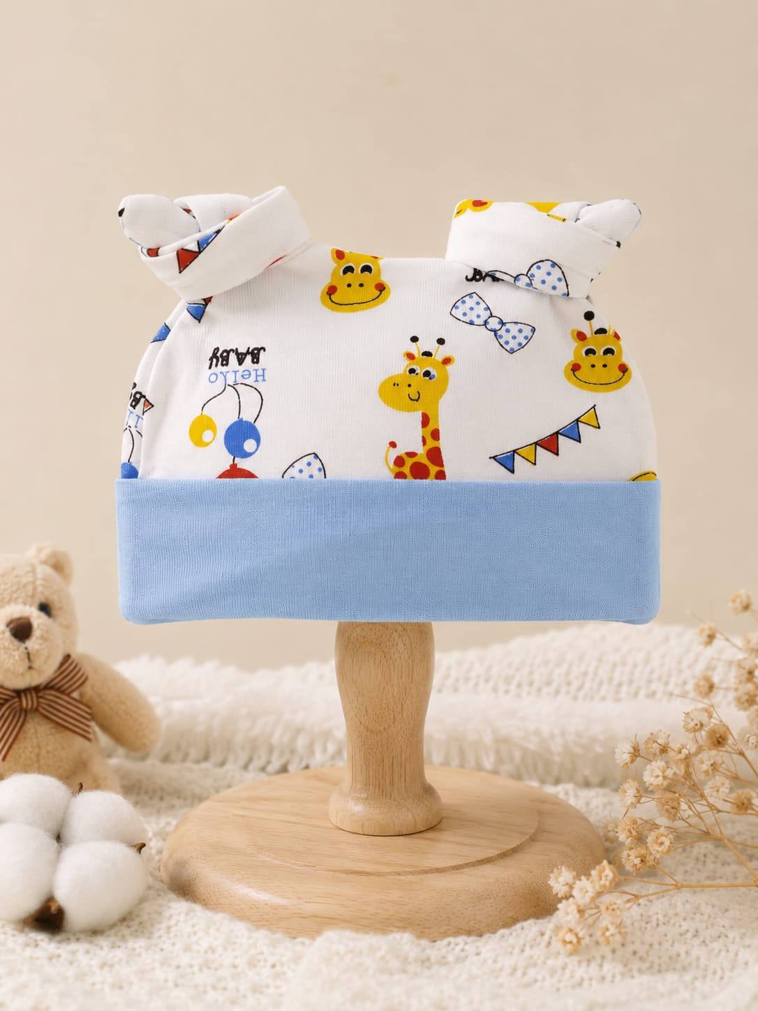 Newborn Baby Soft Cotton Knot Cap – Cute Cartoon Print Beanie Hat for Boys & Girls | 0–3 Months