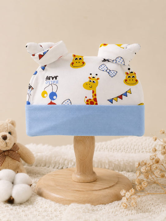 Newborn Baby Soft Cotton Knot Cap – Cute Cartoon Print Beanie Hat for Boys & Girls | 0–3 Months