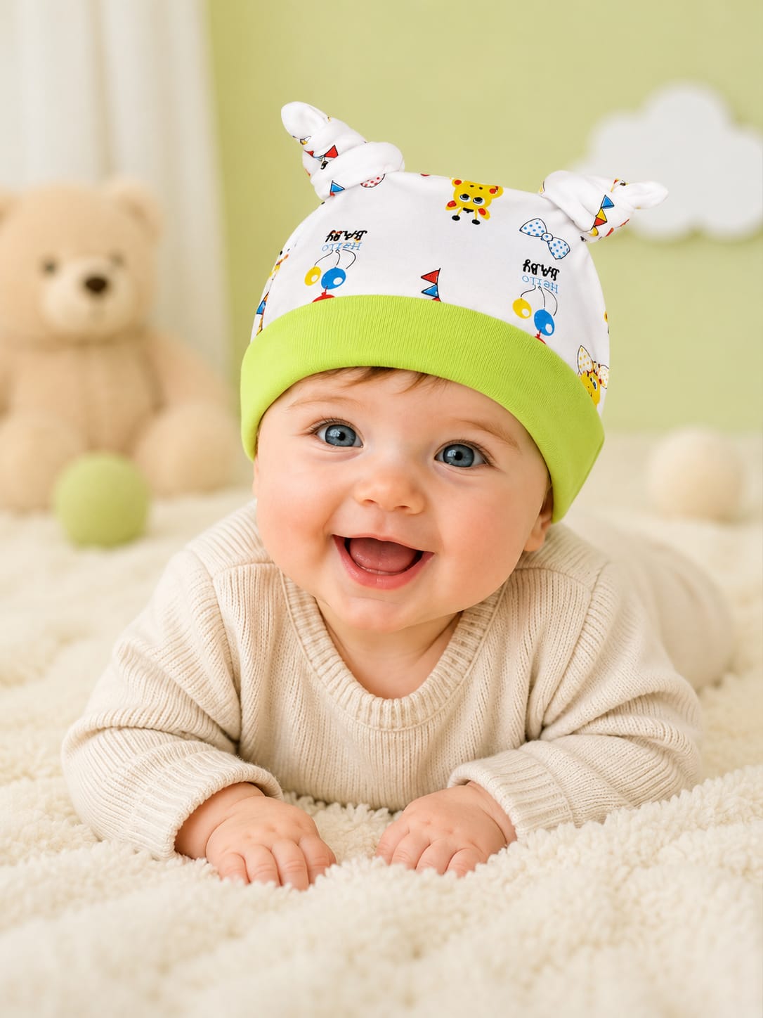 Newborn Baby Soft Cotton Knot Cap – Cute Cartoon Print Beanie Hat for Boys & Girls | Green (0–3 Months)