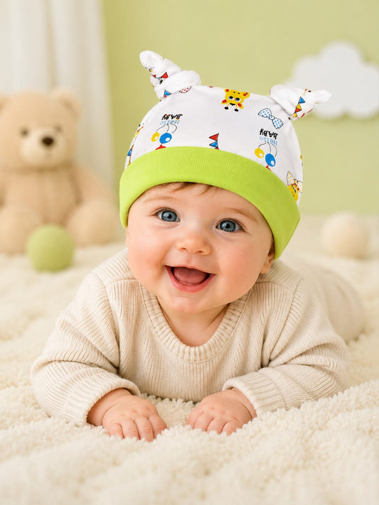 Newborn Baby Soft Cotton Knot Cap – Cute Cartoon Print Beanie Hat for Boys & Girls | Green (0–3 Months)