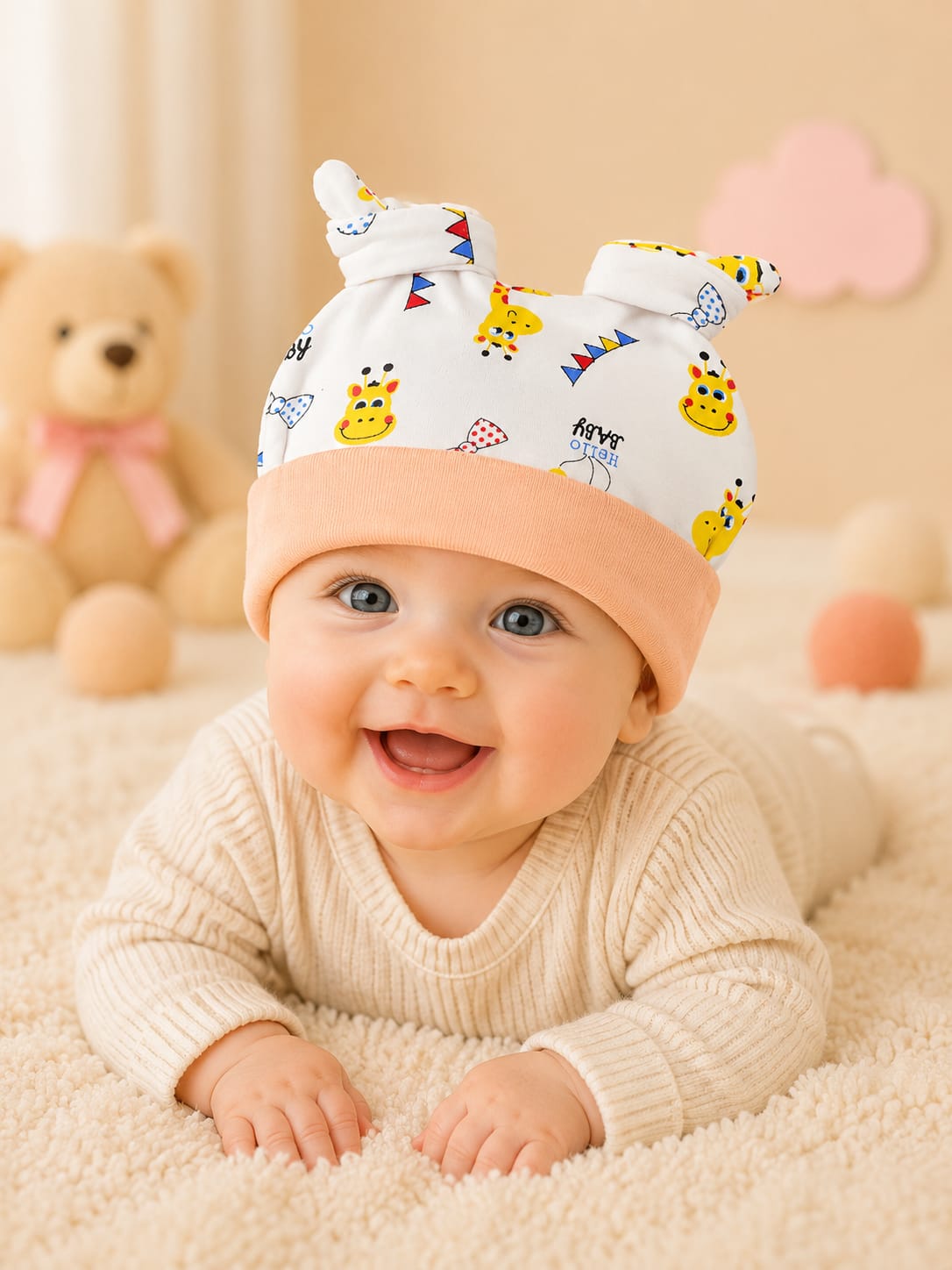 Newborn Baby Cotton Knot Cap | Soft Printed Baby Beanie Hat with Cute Ears | Infant Hospital Cap (0–3 Months)