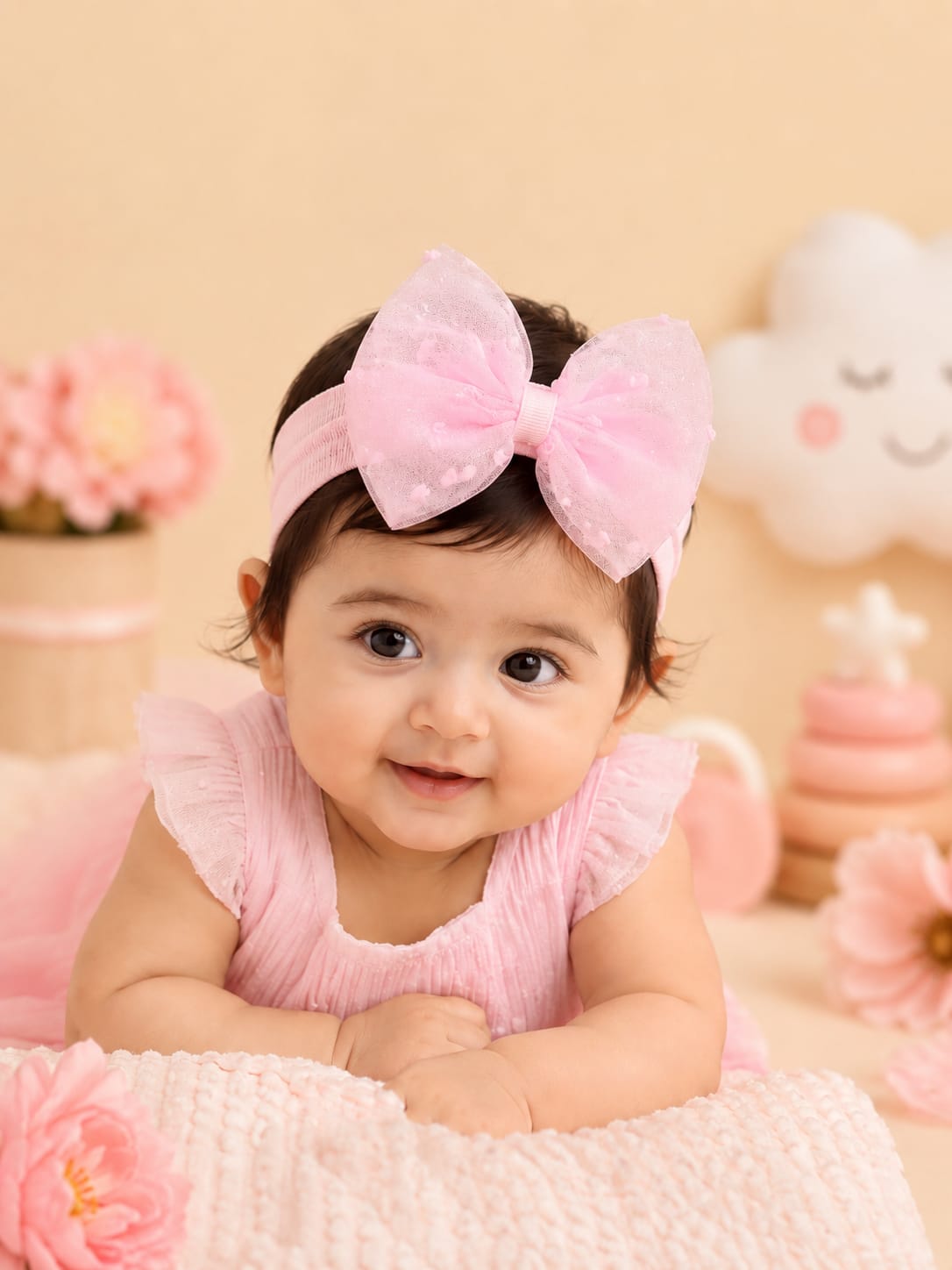 Baby Girl Soft Bow Headband | Premium Stretchy Nylon Hair Band | Cute Pink Bow Headwrap for Newborn & Infant (0–24 Months)