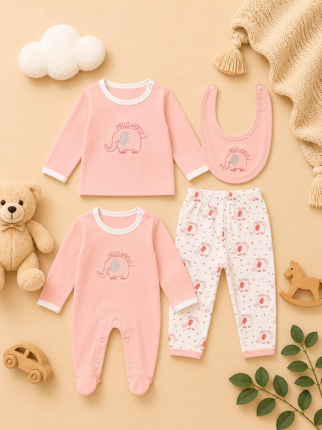 Newborn Baby 4-Piece Cotton Clothing Gift Set | Romper, T-Shirt, Pants & Bib | Soft Pink Infant Outfit (0–12 Months)