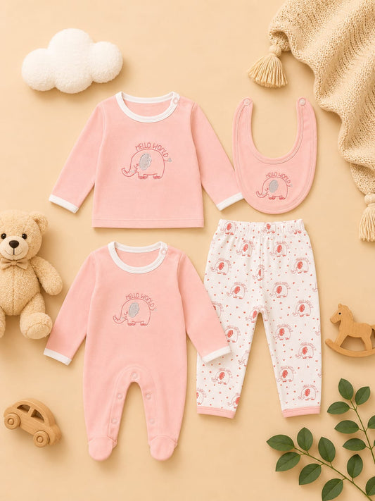 Newborn Baby 4-Piece Cotton Clothing Gift Set | Romper, T-Shirt, Pants & Bib | Soft Pink Infant Outfit (0–12 Months)