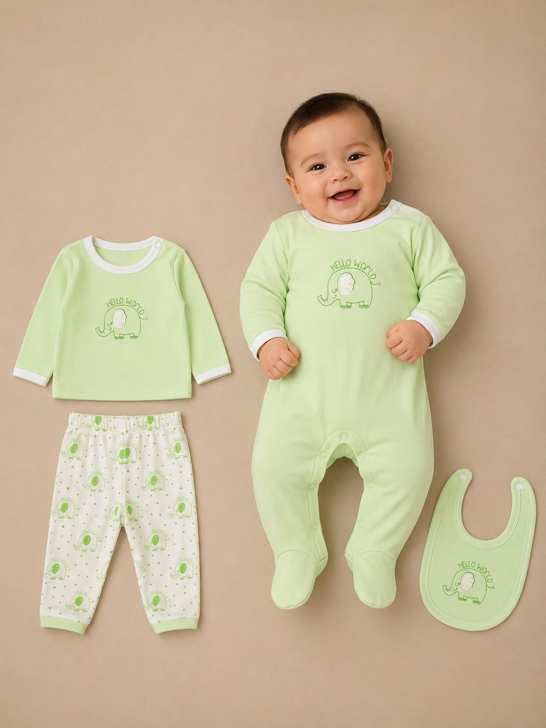 Newborn Baby 4-Piece Cotton Clothing Set | Romper, T-Shirt, Pants & Bib | Soft Green Infant Gift Set (0–12 Months)