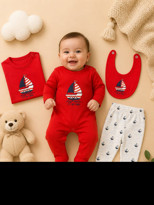 Newborn 4-Piece Baby Clothing Set – Cotton Romper, T-Shirt, Pajama & Bib (Red Sailboat Print)