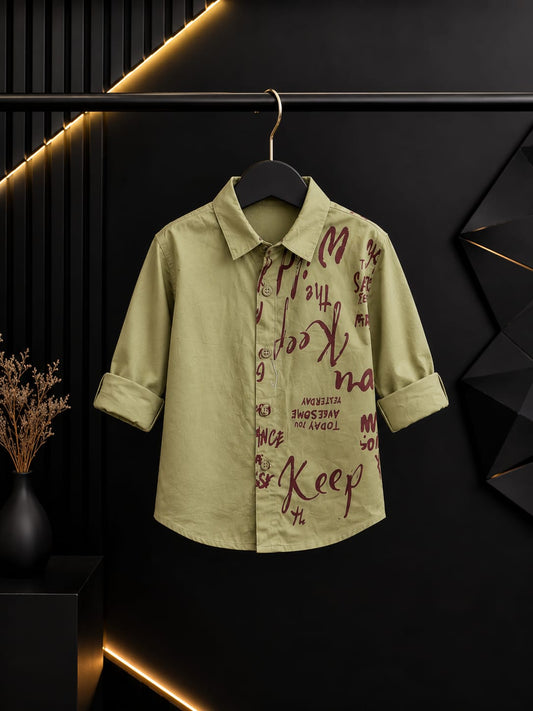 Boys Premium Printed Olive Green Full Sleeve Shirt | Casual Party Wear (2–7 Years)