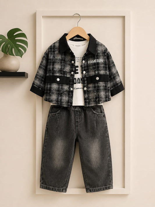 Boys 3 Pcs Premium Winter Outfit Set | Check Shirt Jacket + Printed T-Shirt + Black Denim Jeans | Kids Casual Wear (Size 18–26)