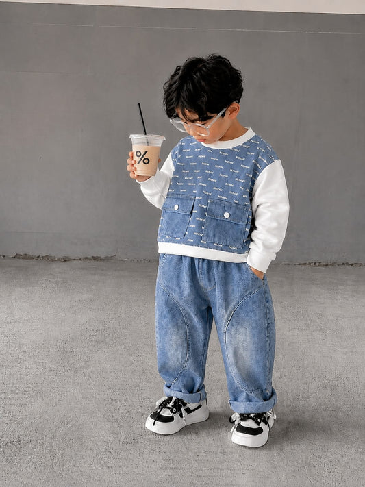 Boys Premium Denim Co-Ord Set | Printed Sweatshirt & Denim Jogger | Blue | Size 18–26