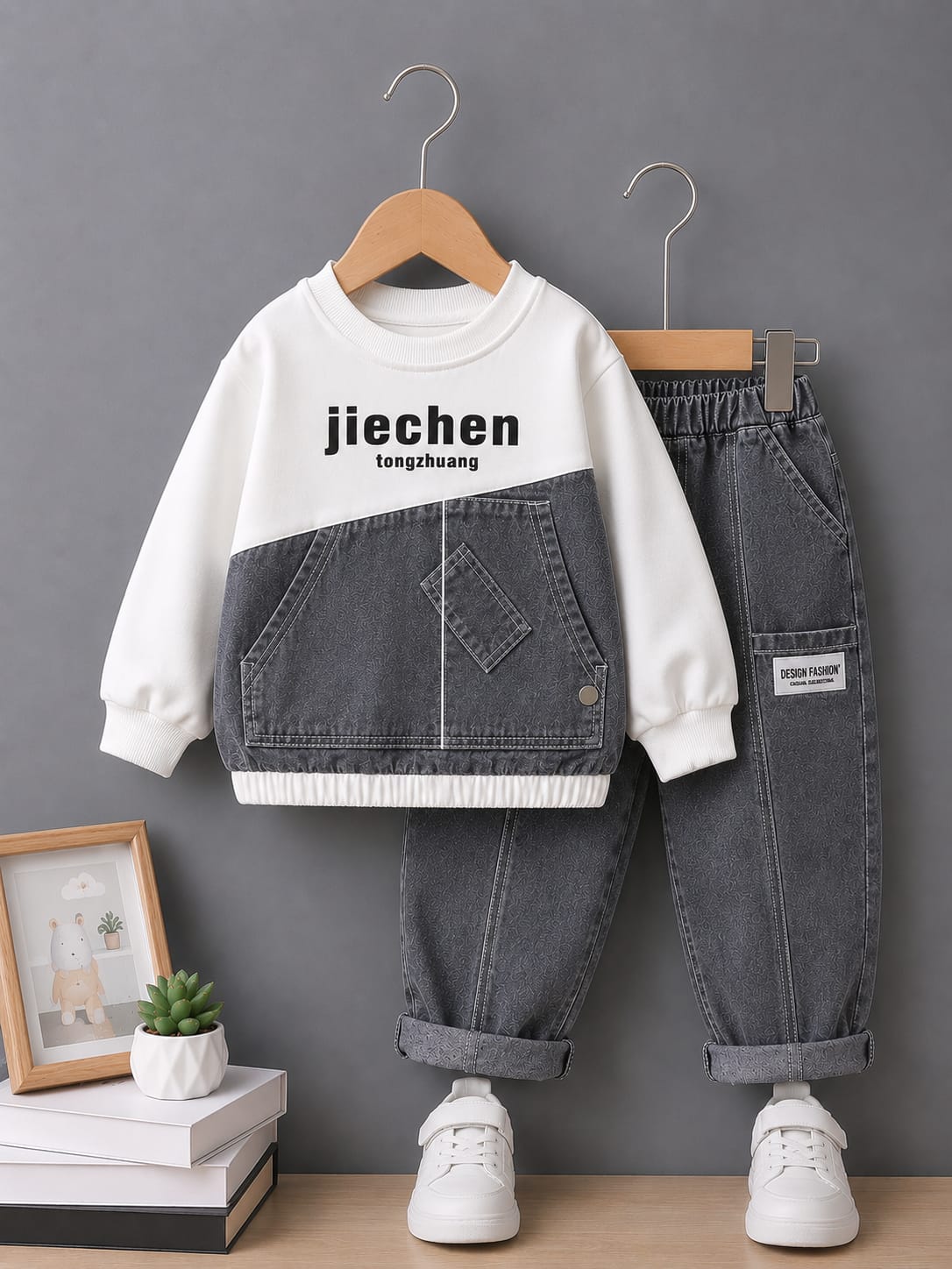 Boys Premium Black Denim Co-Ord Set | Printed Sweatshirt & Denim Jogger | Size 18–26