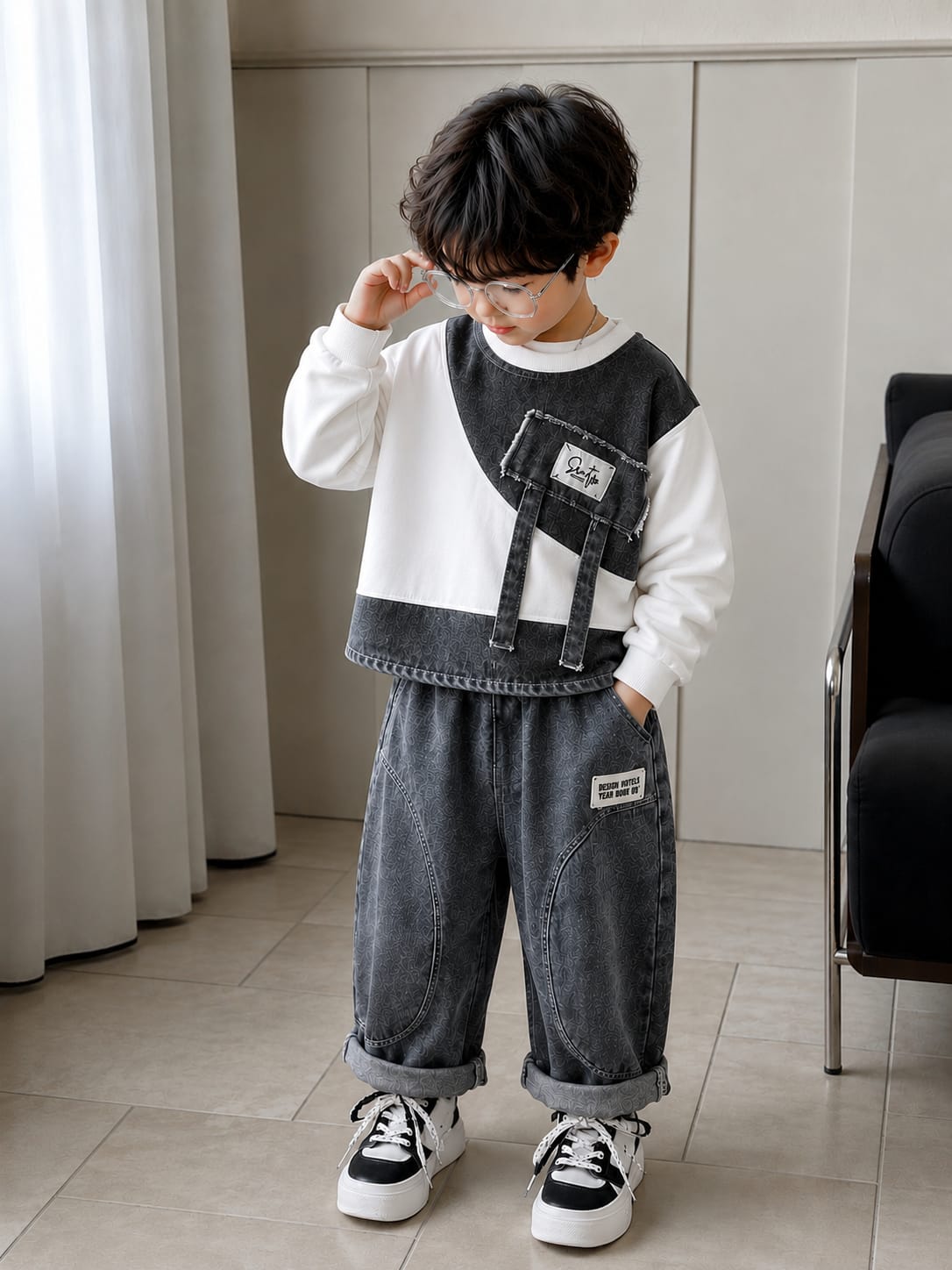 Boys Premium Grey Denim Co-Ord Set | Designer Sweatshirt & Denim Jogger | Size 18–26